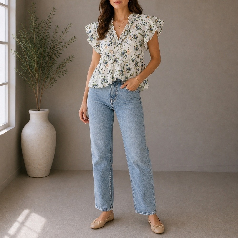 Zara Ruffle Floral Eyelet Blouse Small White Blue Cottagecore Romantic Summer